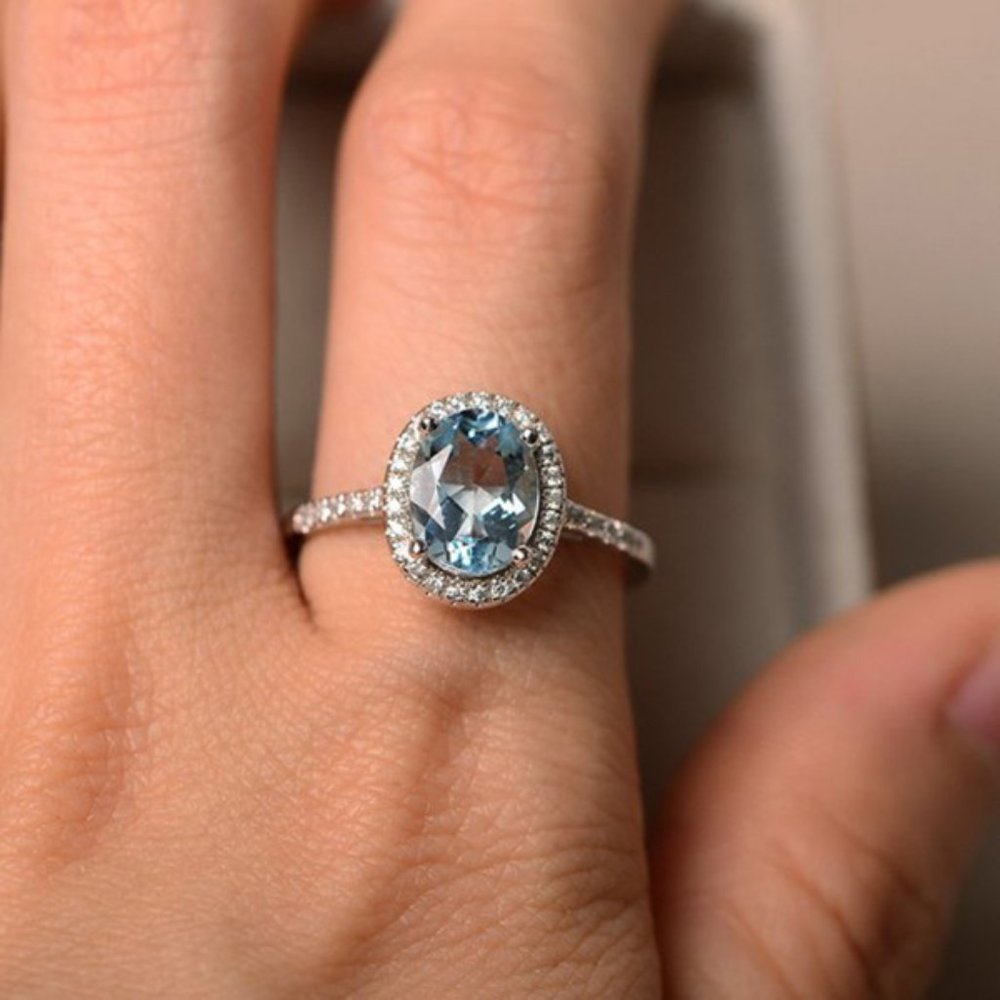 NEW Silver Aquamarine Diamond Halo Oval Cut Ring - Picture 2 of 5